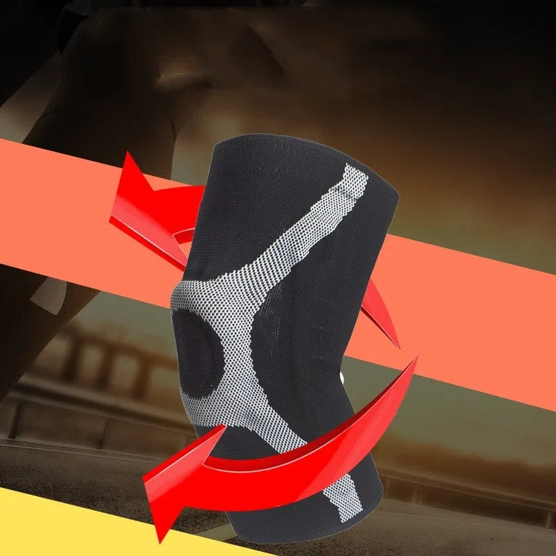 Red and grey sports knee pads with silicone kneecap inserts, shown in S, M, L, XL sizes.