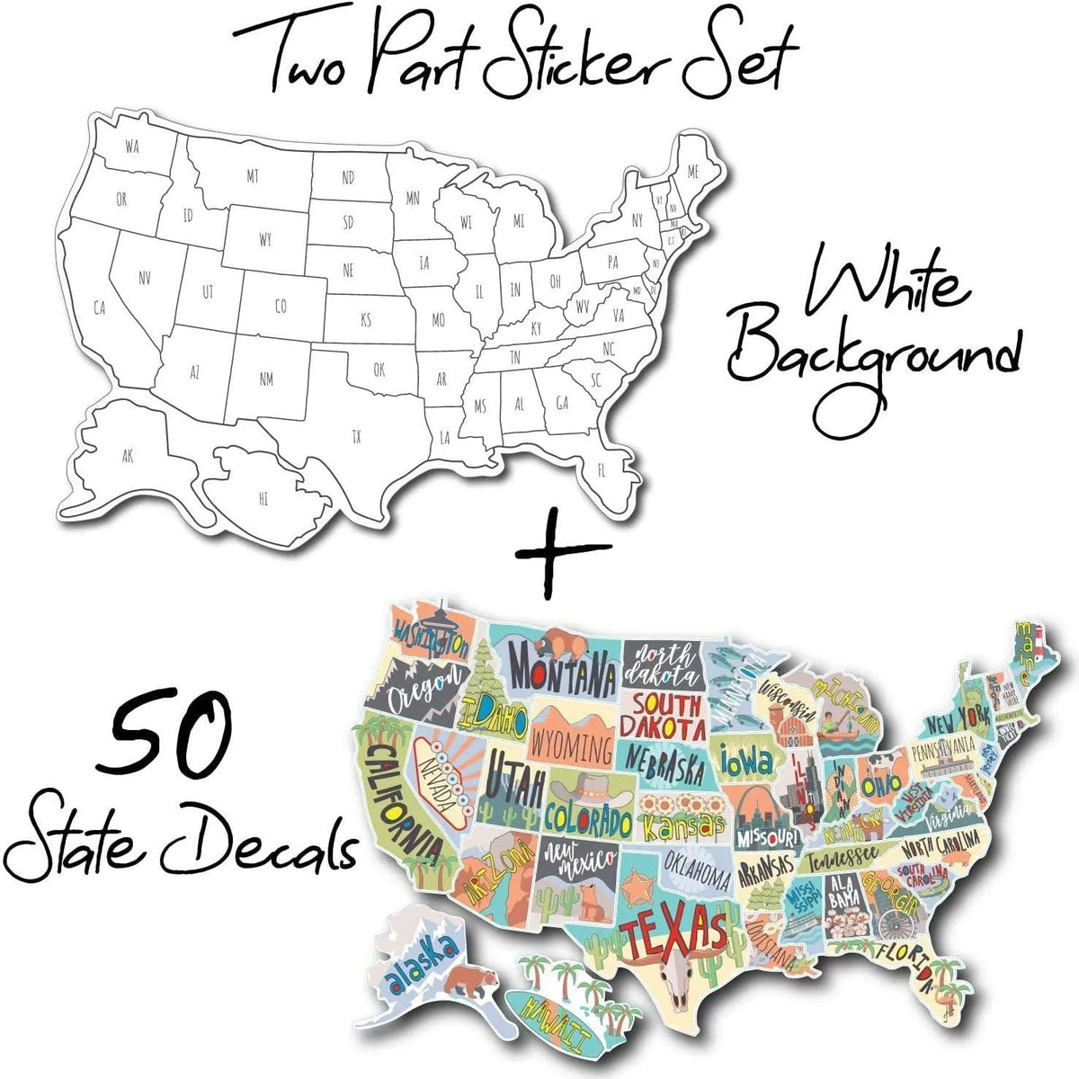 Travel sticker set with coloured letter stickers and white background sheet for car window map creation