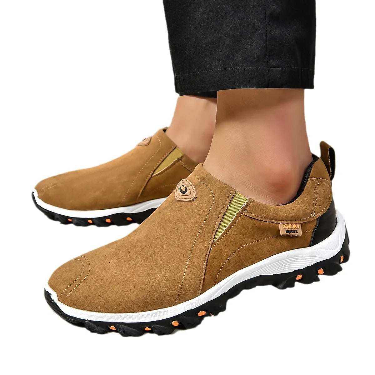 Men's round head shallow mouth thin shoes in gray, shown from the side.