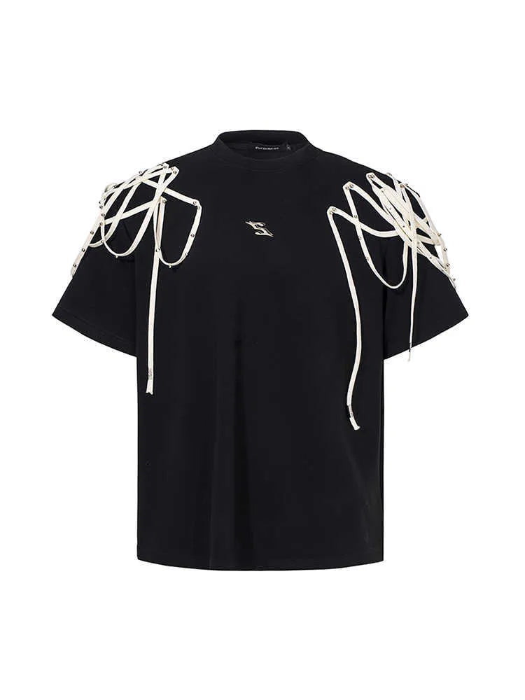 Black loose fit t-shirt with padded shoulders featuring rivet ribbon detail