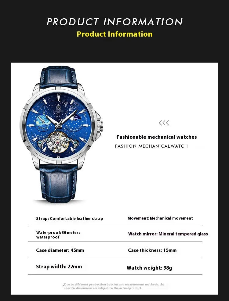 Men's automatic mechanical watch with blue dial and analogue display