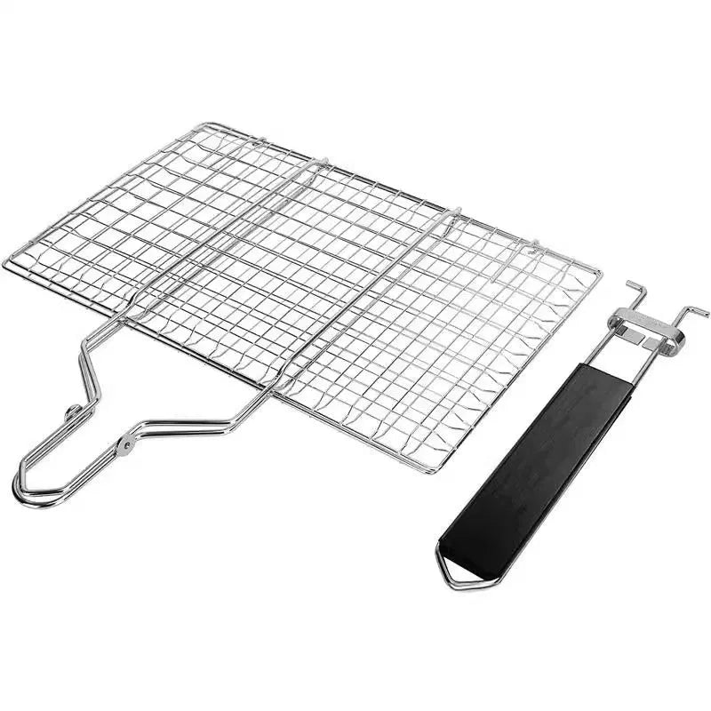 Square stainless steel barbecue mesh basket with folding design and included cleaning brush for outdoor grilling