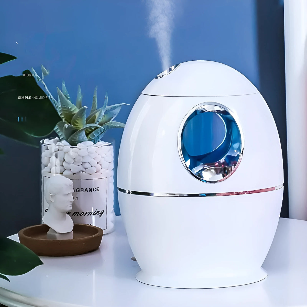 White columnar household air disinfection humidifier with USB cable and mechanical control dials.