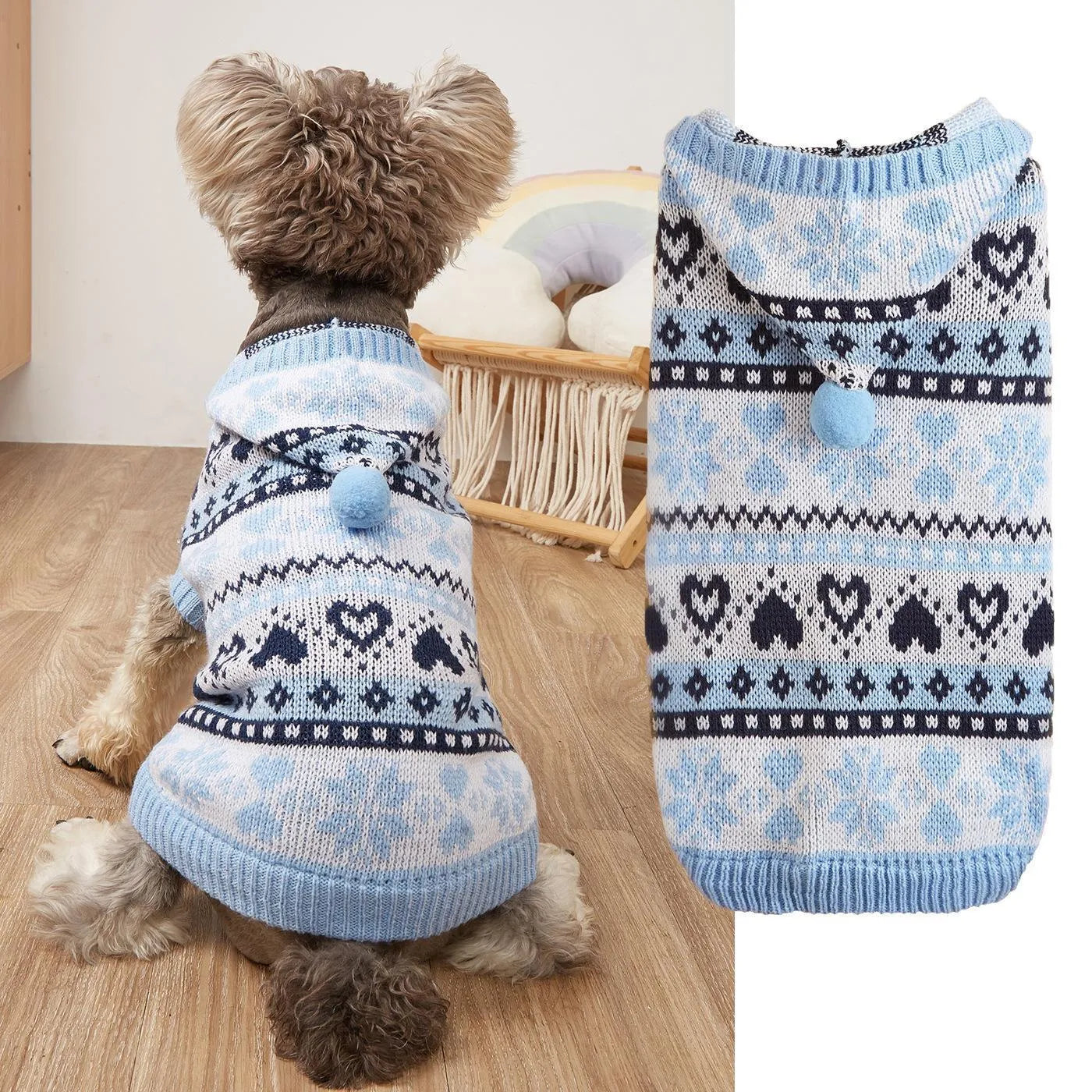 Pink blue grey acrylic dog sweater with snowflake love striped camouflage pattern for small breeds