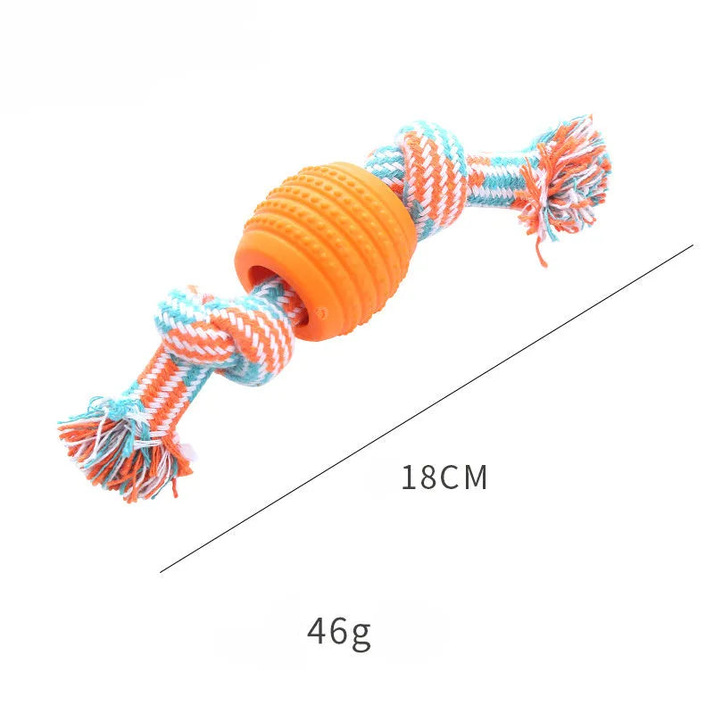 Blue dog chew toy with rope centrepiece for dental cleaning, approximately 9.5 cm diameter