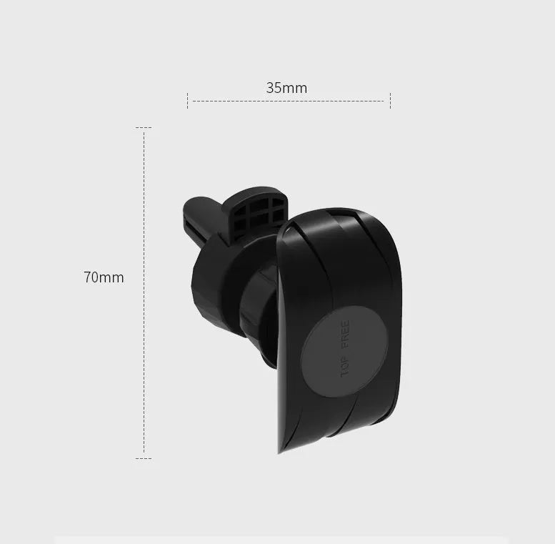 Black car phone holder mounted on car air vent with phone in adjustable clamp