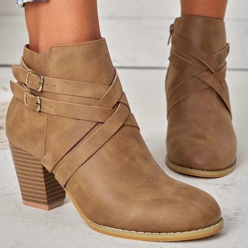 Women's plus size short boots with 7cm heels in black, brown, or grey with side zipper and belt buckle
