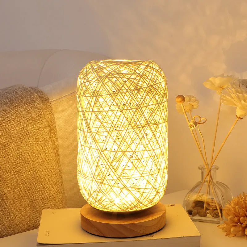 Brown hemp twine Sepak Takraw desk lamp with wooden base and USB cable