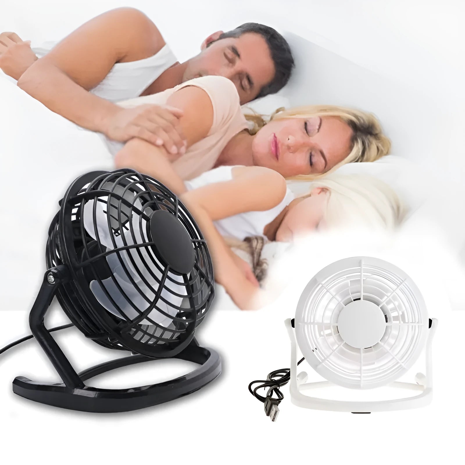 Mini black USB desk fan with adjustable angle on wooden desk next to laptop