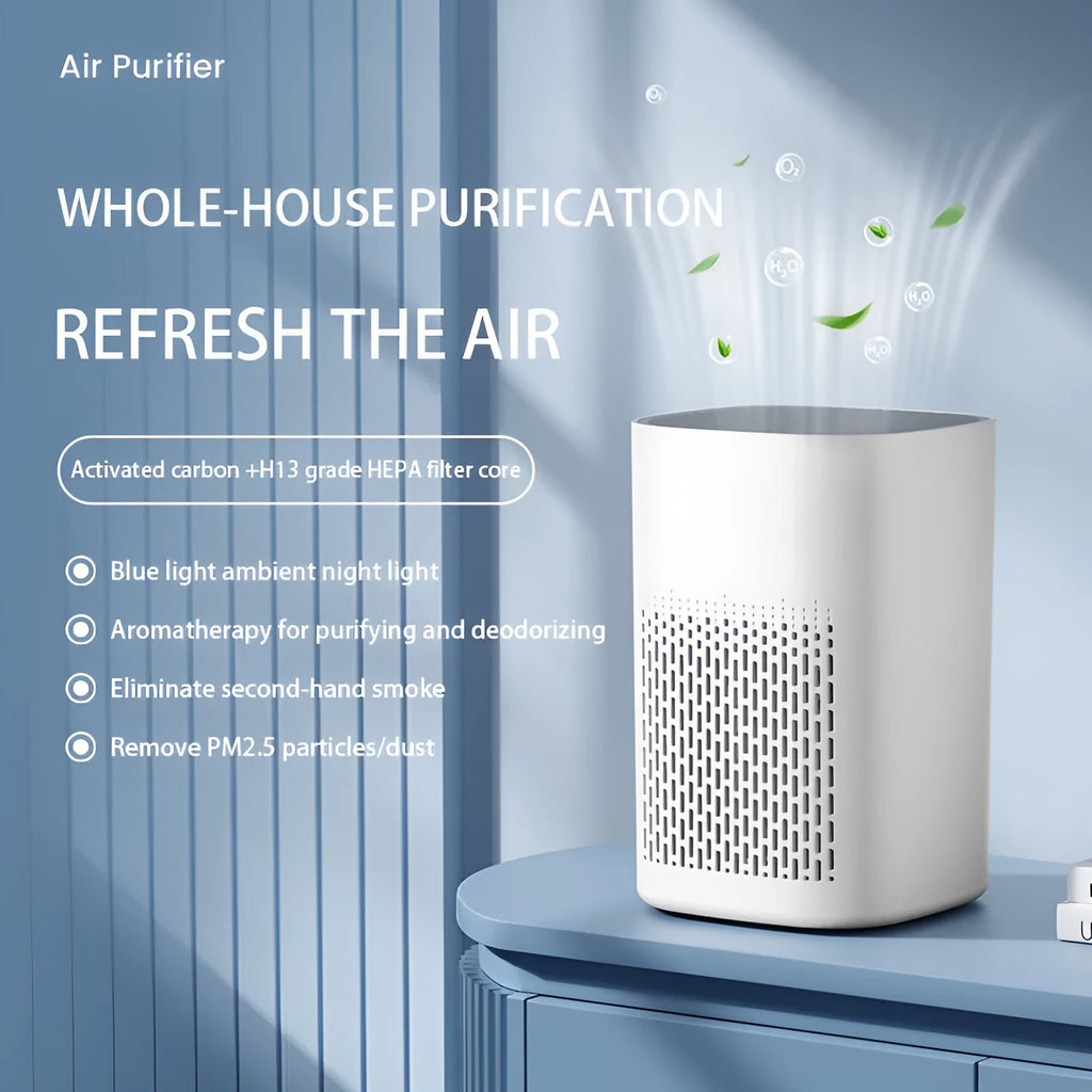 Simple style desktop air purifier with USB port for odour and PM2.5 removal.