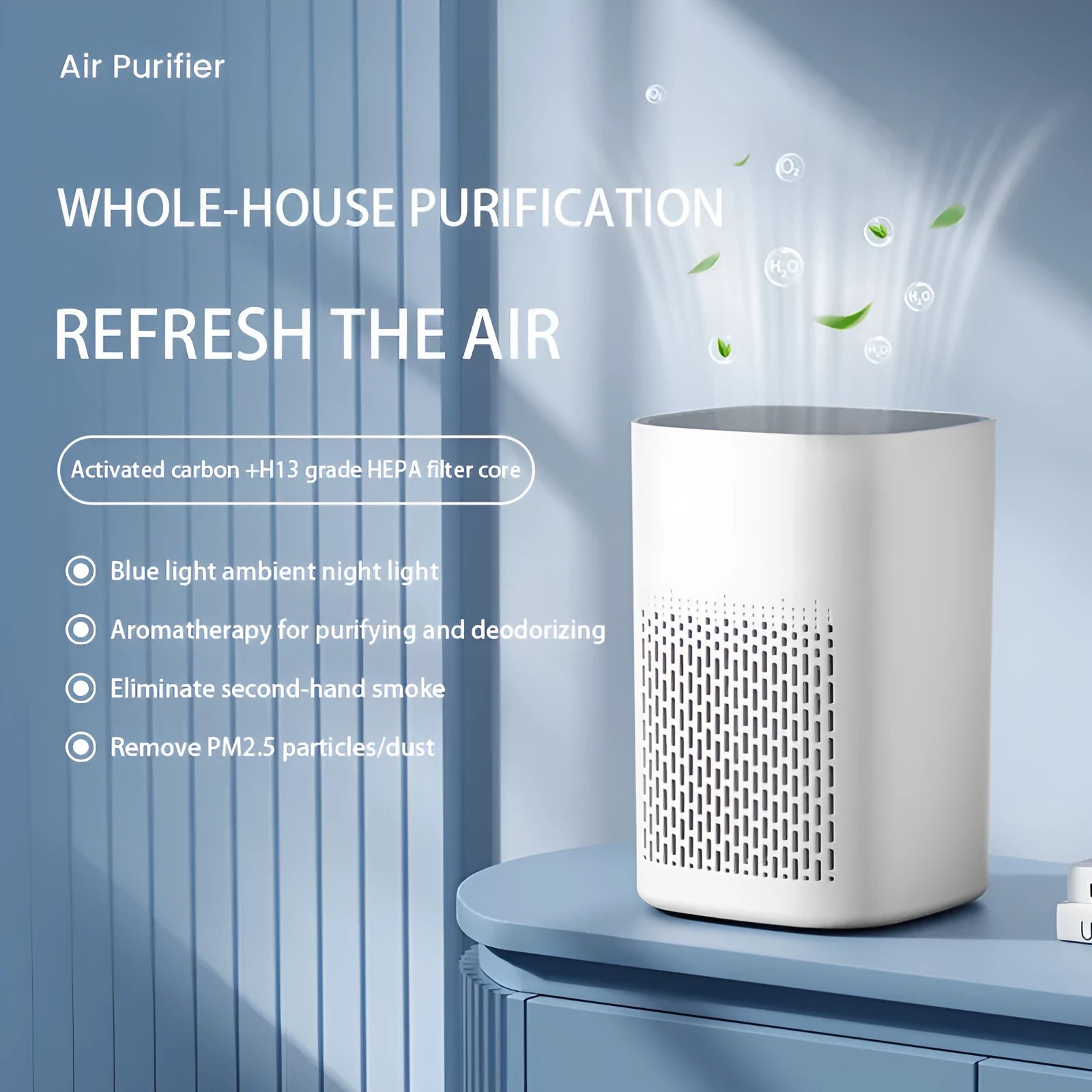 Simple style desktop air purifier with USB port for odour and PM2.5 removal.
