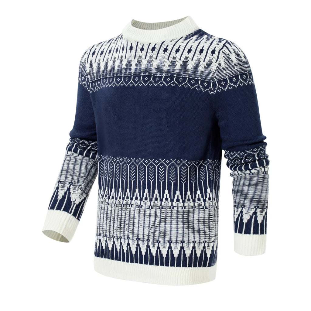 Men's grey knitted pullover sweater with crew neck and long sleeves on a hanger.