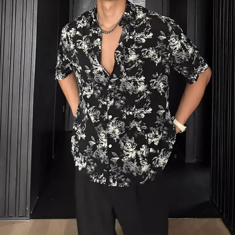 White floral printed casual shirt with short sleeves and loose cardigan-style fit