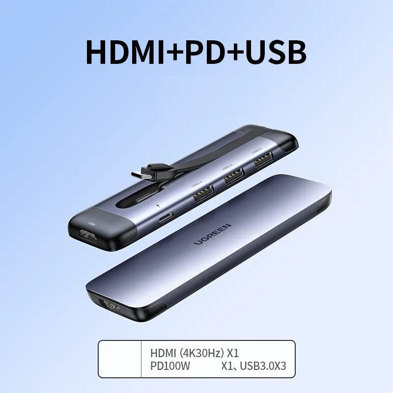 USB C docking station expansion hub with multiple ports including HDMI, USB 3.0, and a 9cm attached cable