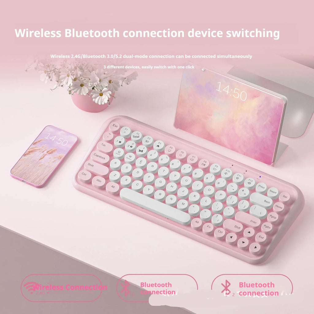 Pink dual-mode Bluetooth keyboard with mute function and 84-key compact layout