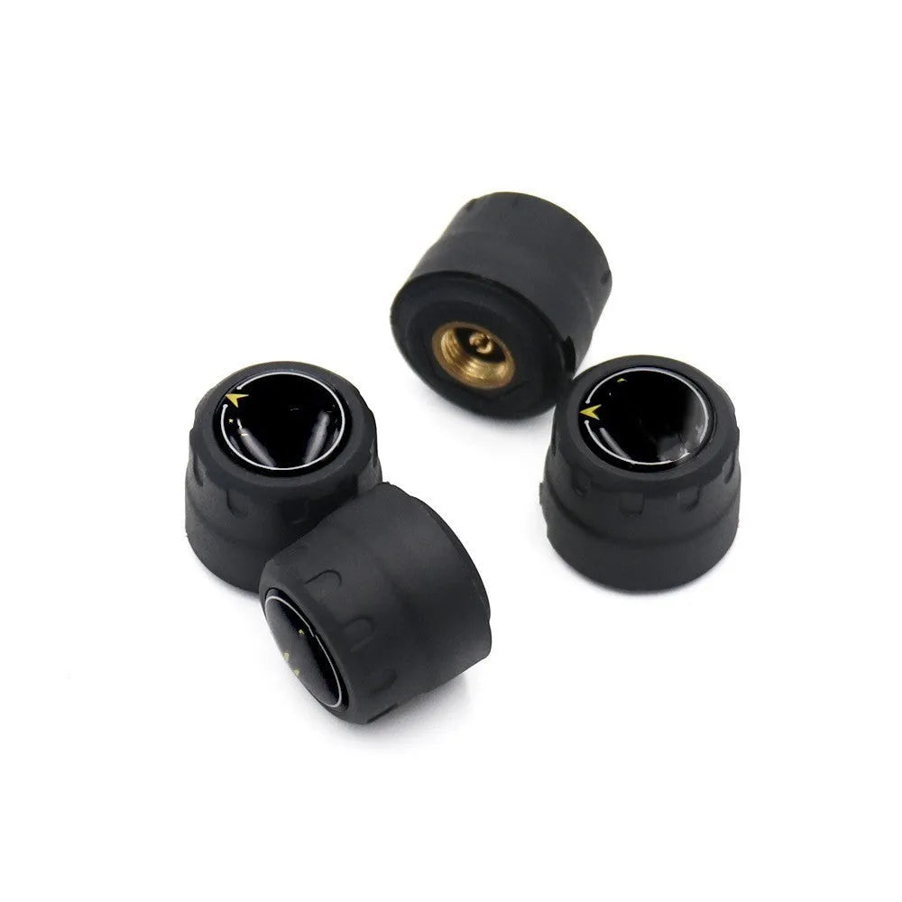 Bluetooth 5.0 automotive tyre pressure monitor kit with four black external sensors, wrench, and anti-theft screws