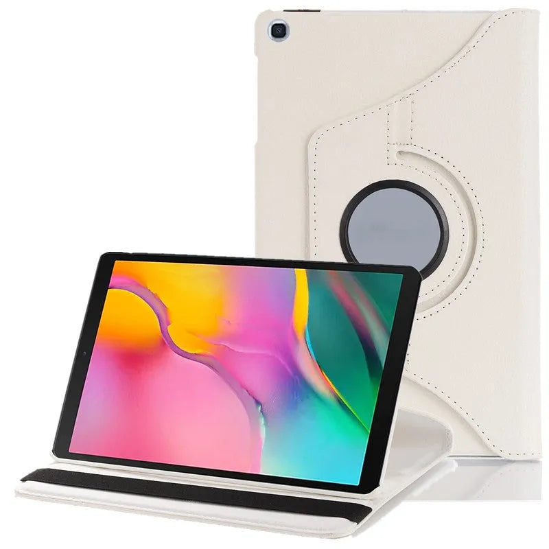 iPad rotating protective sleeve in imitation leather, showing clamshell design in solid colour options like black, blue, or pink.