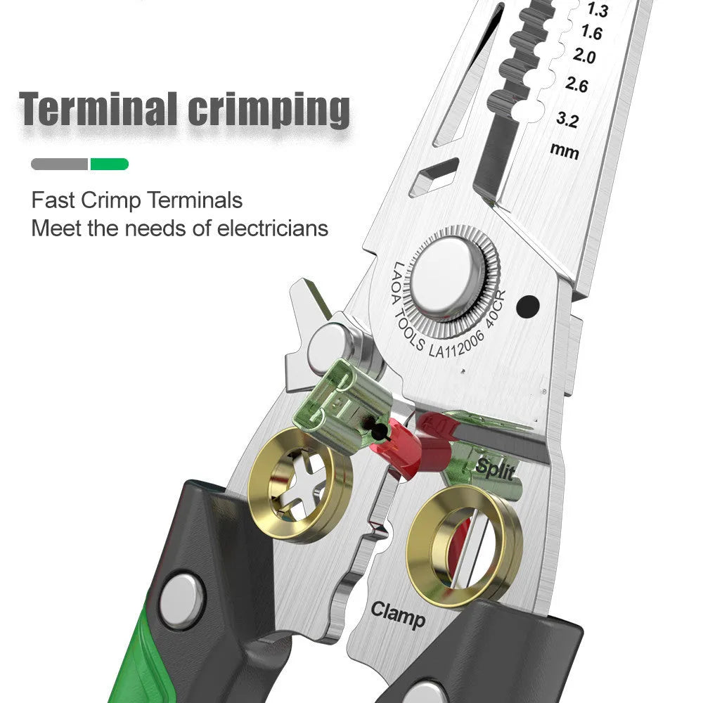Stainless steel 7-in-1 wire stripper tool with two-colour ABS handle for 0.8mm to 3.2mm cables