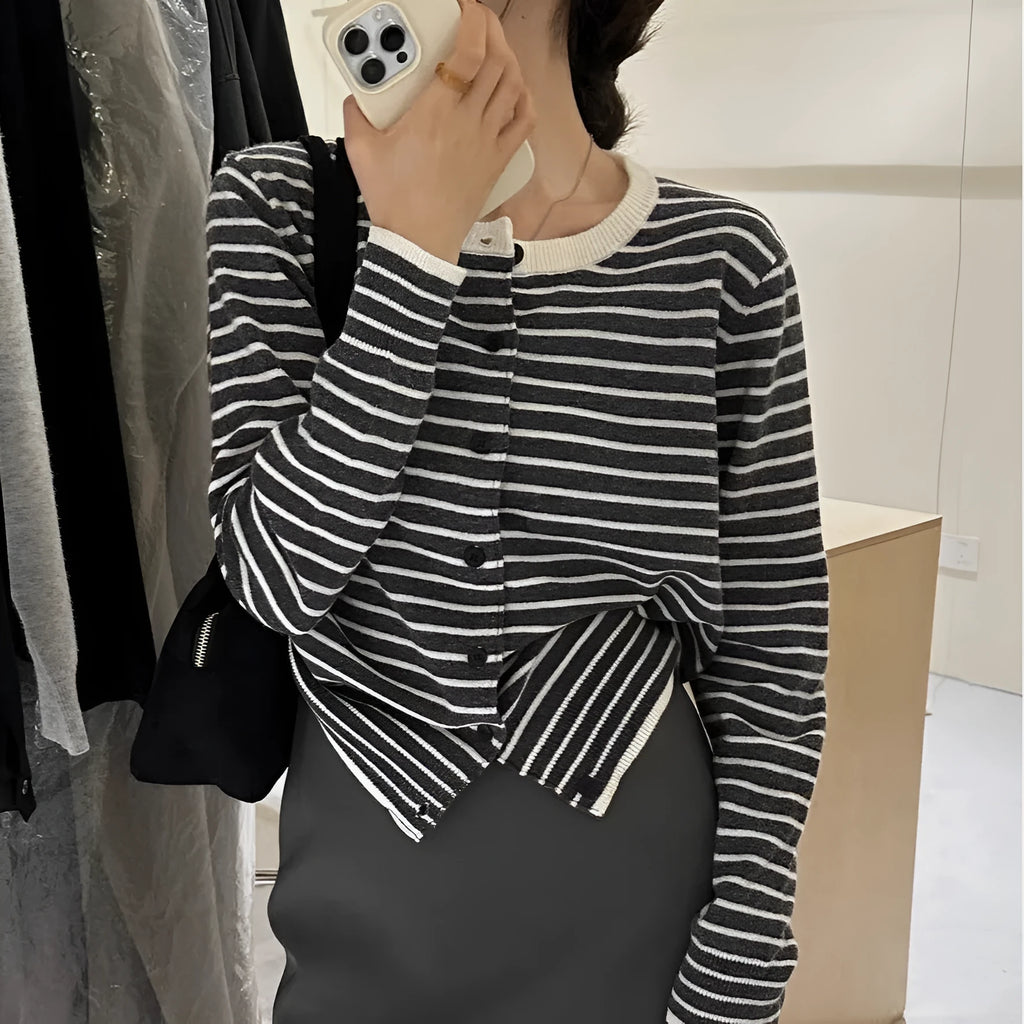Women's French style slim fit striped cardigan coat with dark grey and white pattern, 40cm length