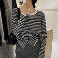 Women's French style slim fit striped cardigan coat with dark grey and white pattern, 40cm length