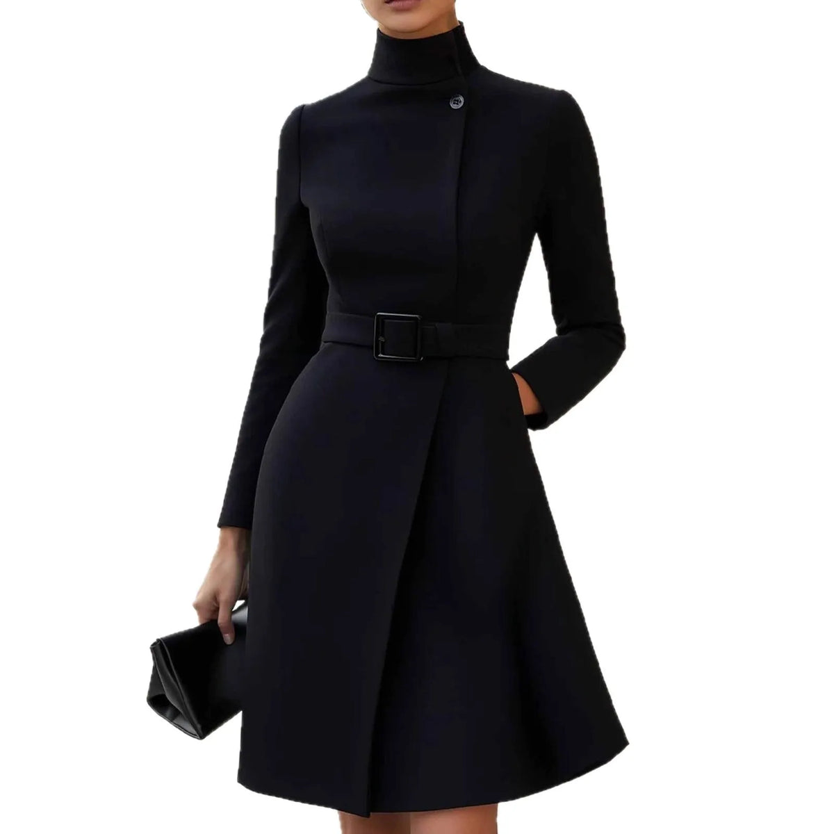 Women's long sleeve bohemian dress with stand collar and high waist in black or wine red.