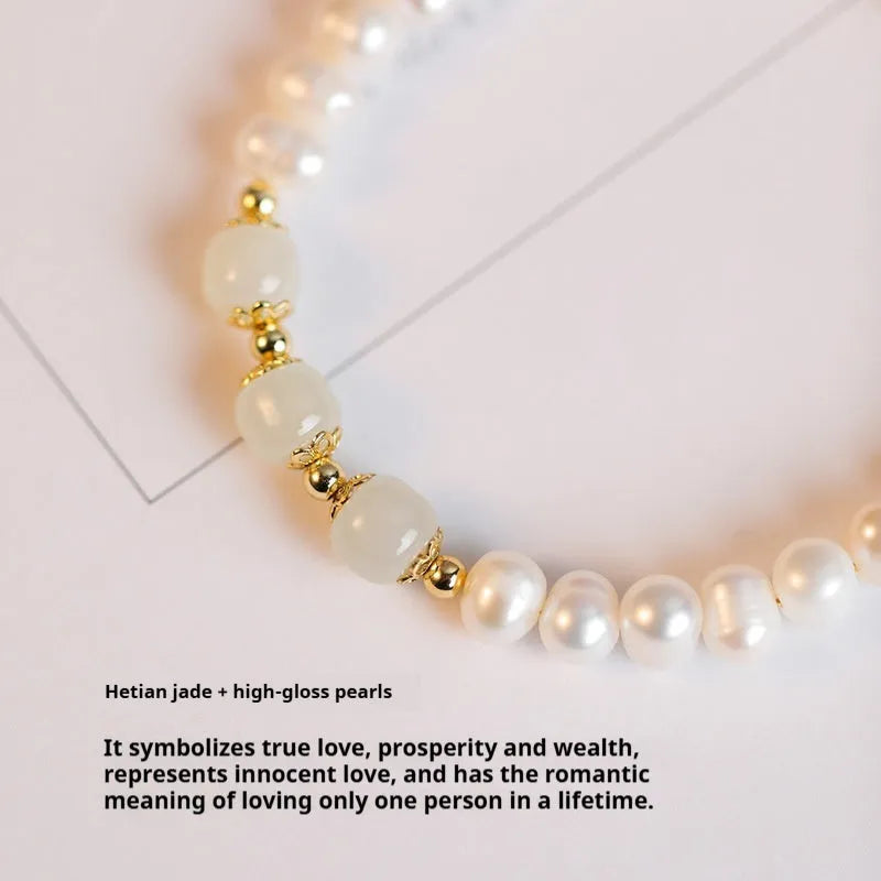 Natural freshwater pearl bracelet with diamond-shaped beads in deep and light Hetian jade green electroplated finish