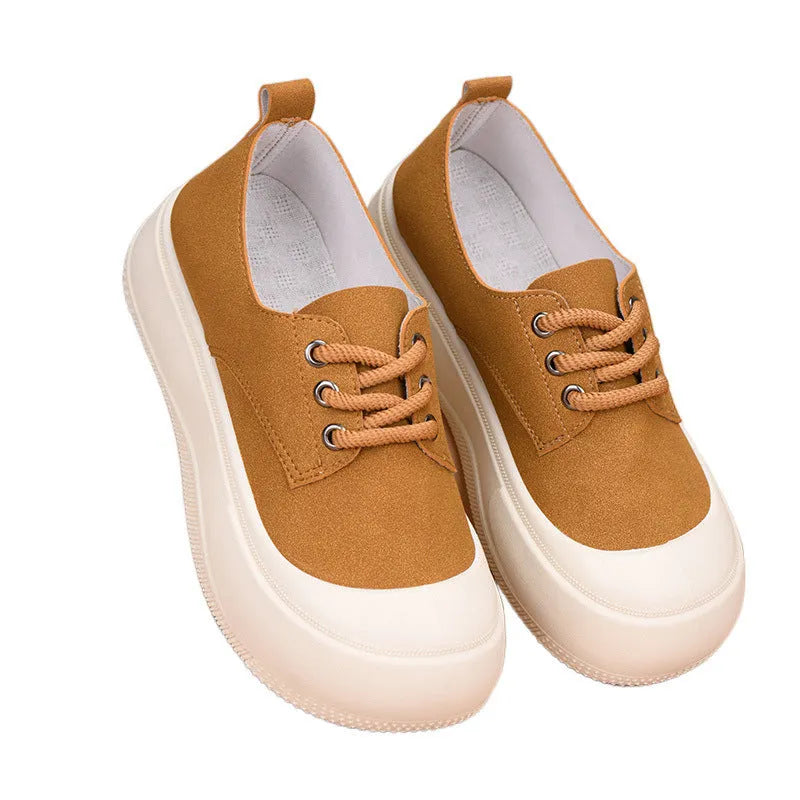 Women's camel suede platform loafers with round toe and front lace-up, 4cm height increase