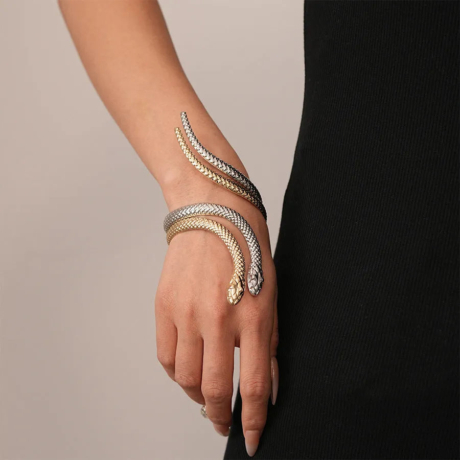 Exaggerated twisted winding simulated snake ring and bracelet two-piece metal jewellery set in gold or silver colour