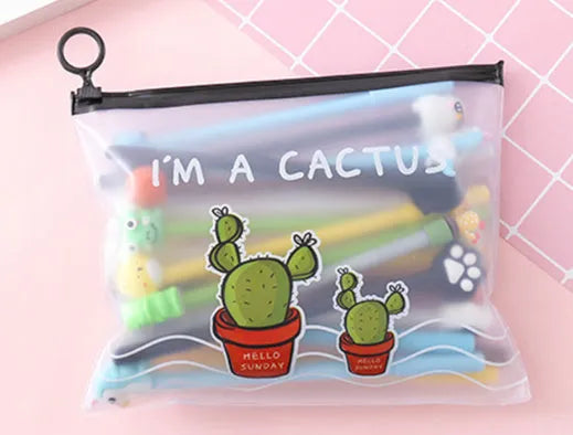 Marvel 20-pack of 0.5mm black ballpoint pens with cartoon cactus designs in a plastic storage case.