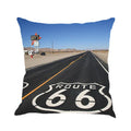 Square linen cushion cover with Route 66 road landscape pattern, shown in one of six available colours.