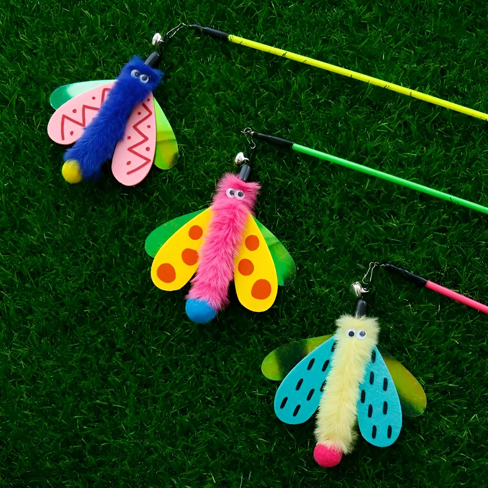 Blue dragonfly cat wand toy with bell on 49cm stick for interactive indoor play