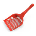 Red, yellow, and blue plastic cat litter scoops in small and medium sizes on a white background.
