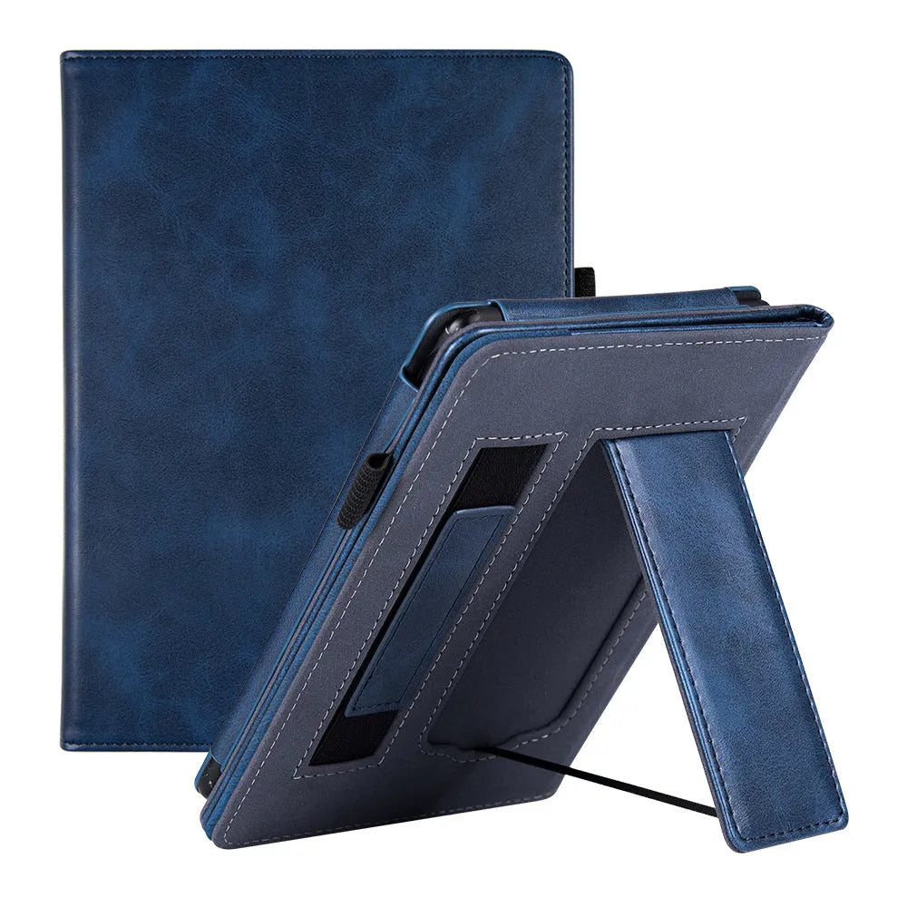 Kindle Paperwhite leather case with wrist splint bracket attached, showing calf leather exterior and microfiber interior