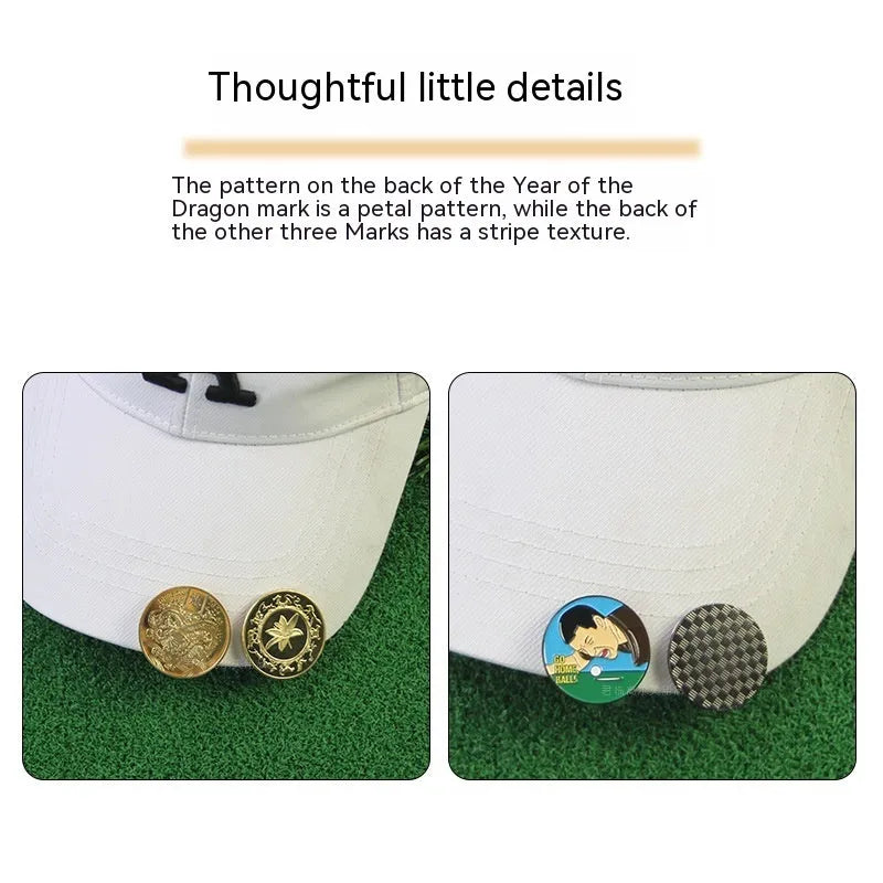 Close-up of a zinc alloy golf hat clip with a personalised Dragon Year stamped pattern.