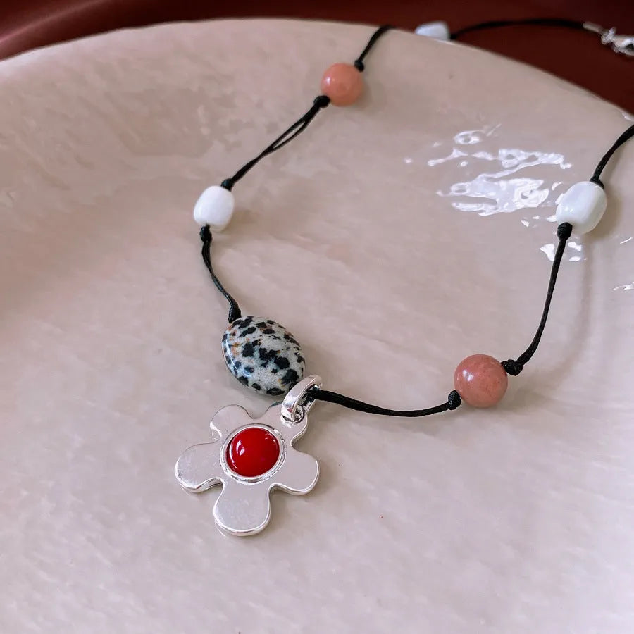 Stone shell beaded flower pendant necklace on electroplated alloy chain with adjustable 51-60cm length
