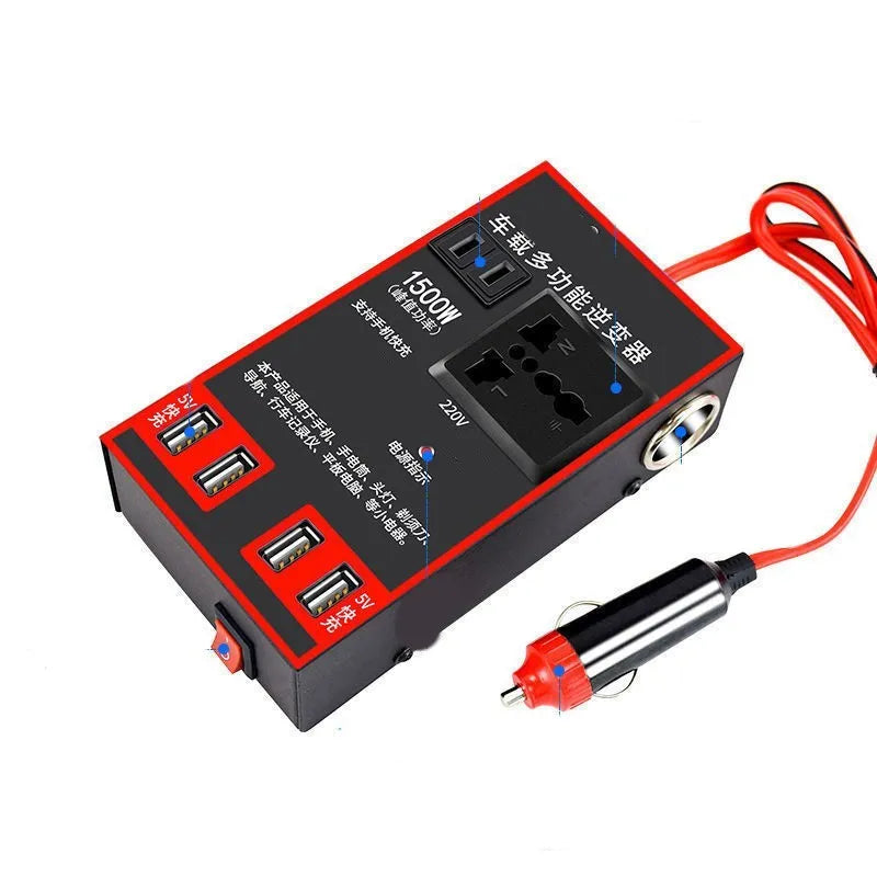 Black 12V/24V to 220V car power converter with AC socket and four USB charging ports