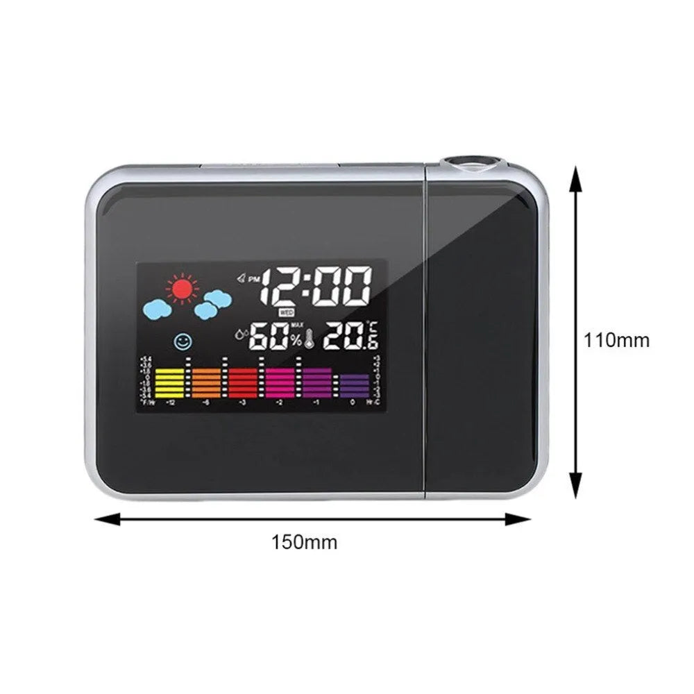 Black digital projection alarm clock with LED display and environmental sensors