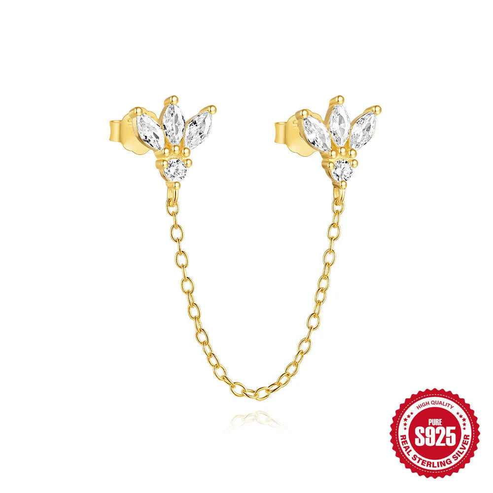 S925 sterling silver stud earrings with zircon stones in golden geometric designs