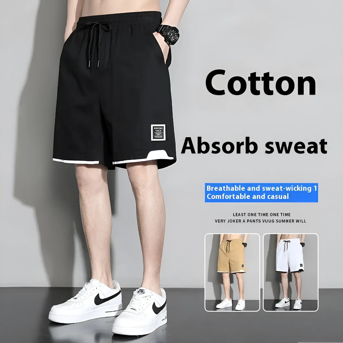 Cotton shorts for boys in plus sizes, shown in black, khaki, and white colours.