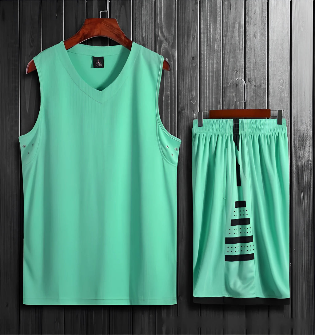 Chemical fibre blend basketball training vest and pants set in black or white colours with extended size range