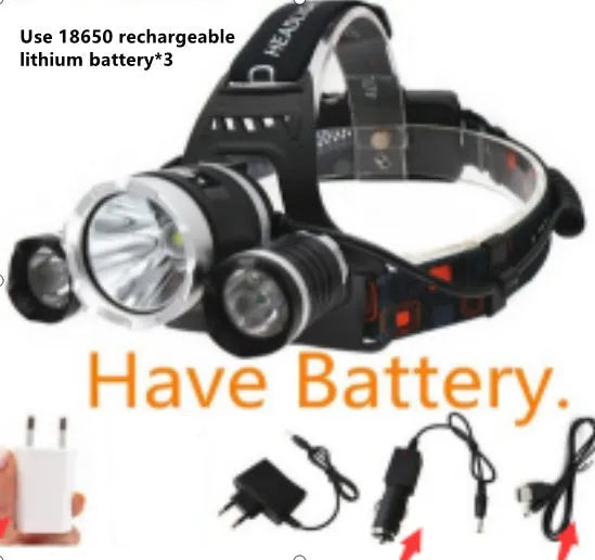 Aluminium alloy rechargeable LED headlamp with adjustable strap on a dark background.