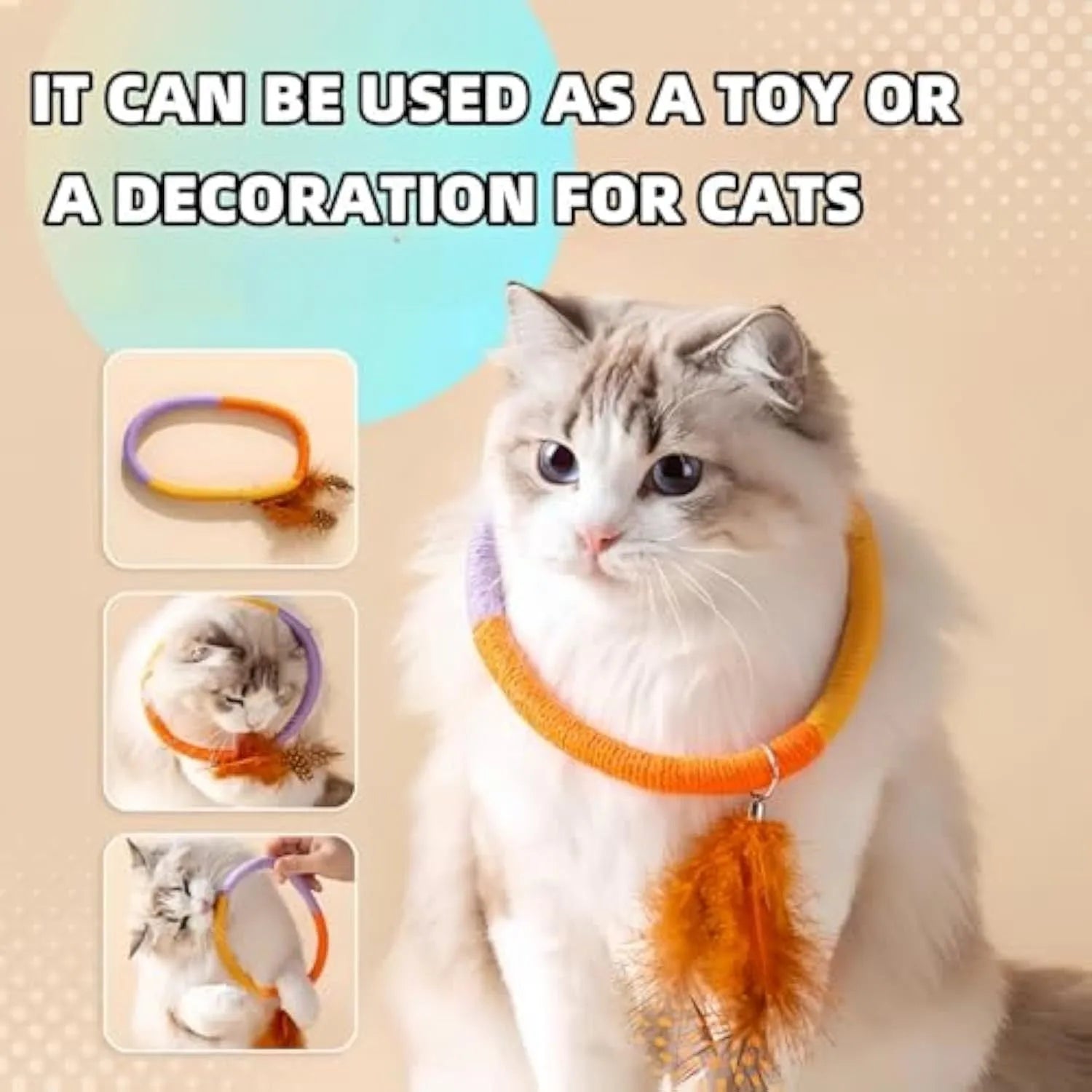 Green cotton rope circular cat toy with feathers and catnip for dental chewing play