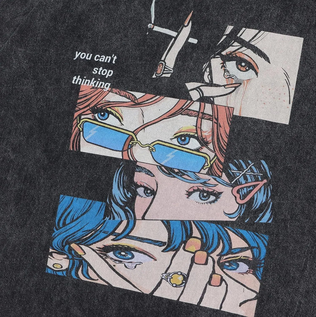 Men's loose black t-shirt with retro cartoon digital print and short sleeves