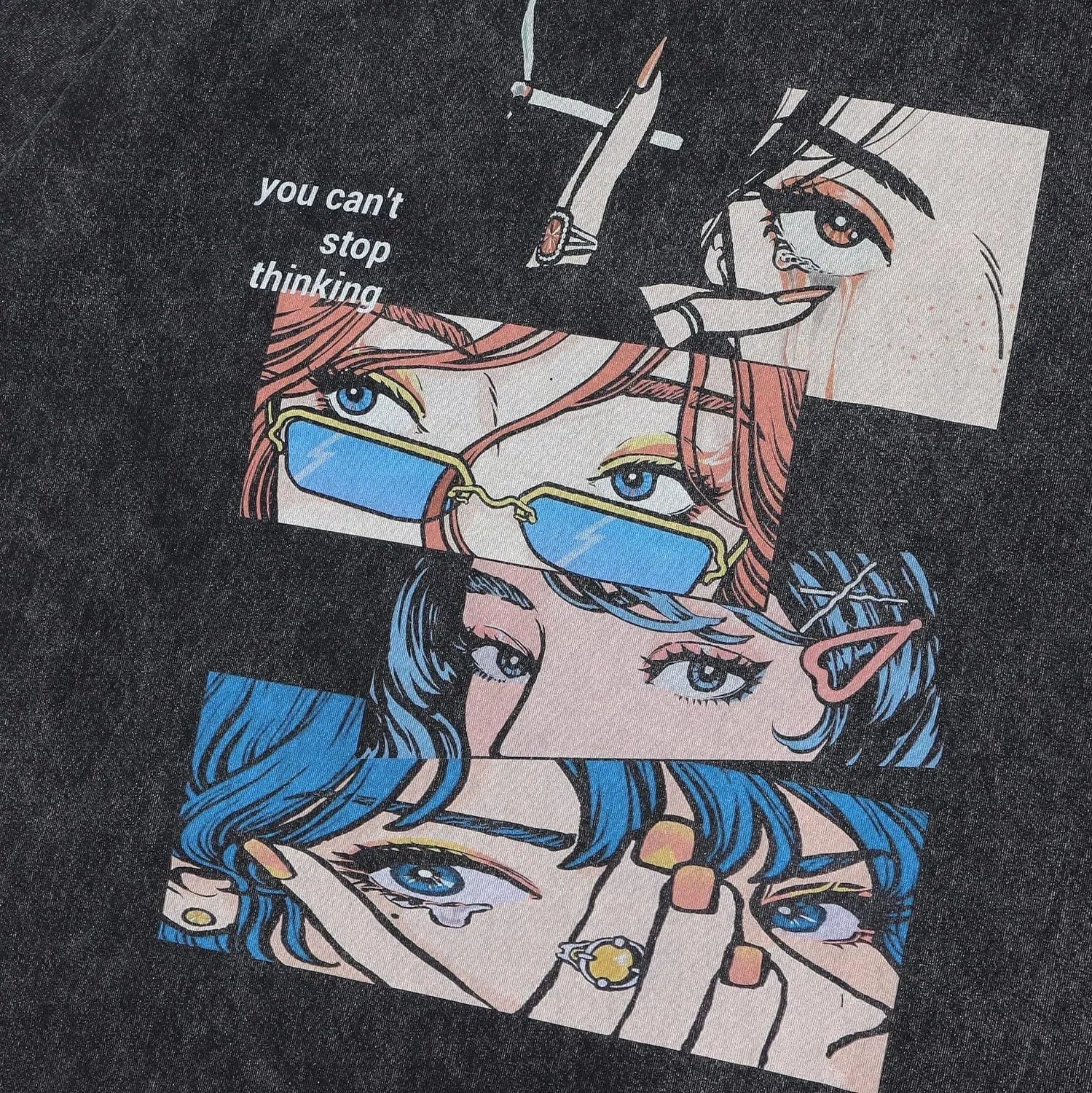 Men's loose black t-shirt with retro cartoon digital print and short sleeves