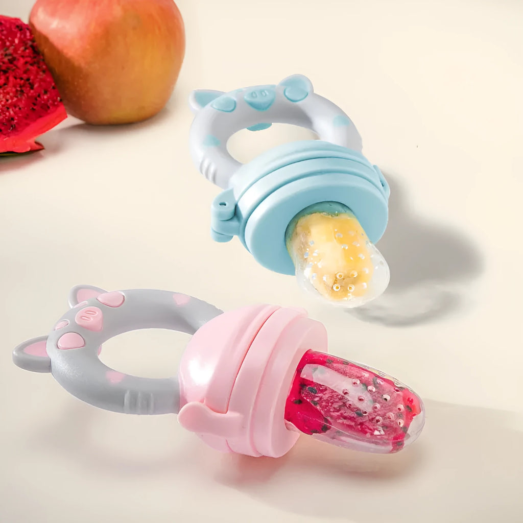 Silicone baby teether in blue, green, or pink colours with multiple mouthpiece options for infant chewing relief
