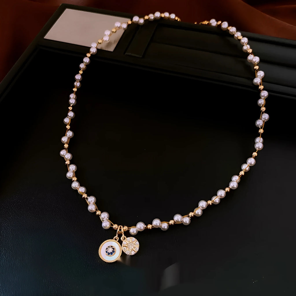 Gold plated clavicle chain necklace with round zircon and imitation pearl pendant
