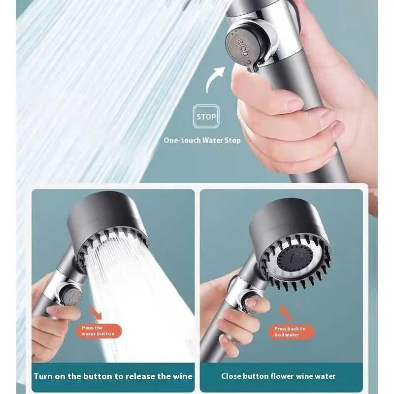 Portable shower head with third gear adjustment dial showing spray, massage, and rain shower functions
