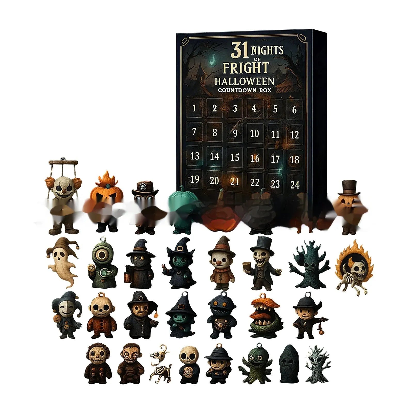 Halloween horror advent calendar countdown box with blind box packaging and resin scare doll.