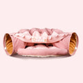 Collapsible fabric cat tunnel toy in bar, coffee, matcha, or pink colours, showing 45cm dimensions