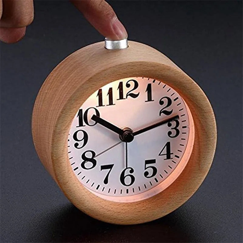 Solid beech wood silent snooze alarm clock with 4-inch dial on wooden surface